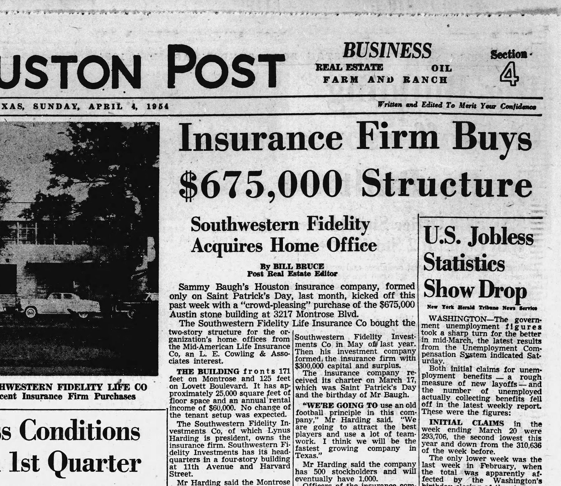 Source image: Best’s Insurance News, Feb. 1955; Houston Post, Apr. 4, 1954; birth register, Mar. 23, 1954