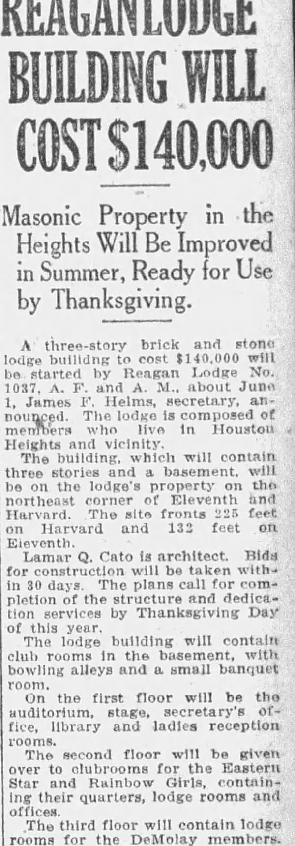 Newspaper clipping, Houston Chronicle, March 23, 1930: headline Reagan Lodge Building Will Cost $140,000, Masonic property in the Heights to be ready for use by Thanksgiving