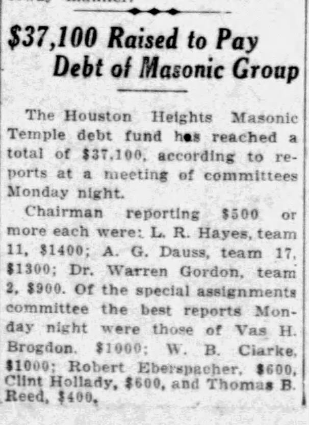 Newspaper clipping, Houston Chronicle, May 16, 1933: $37,100 Raised to Pay Debt of Masonic Group, the Houston Heights Masonic Temple debt fund