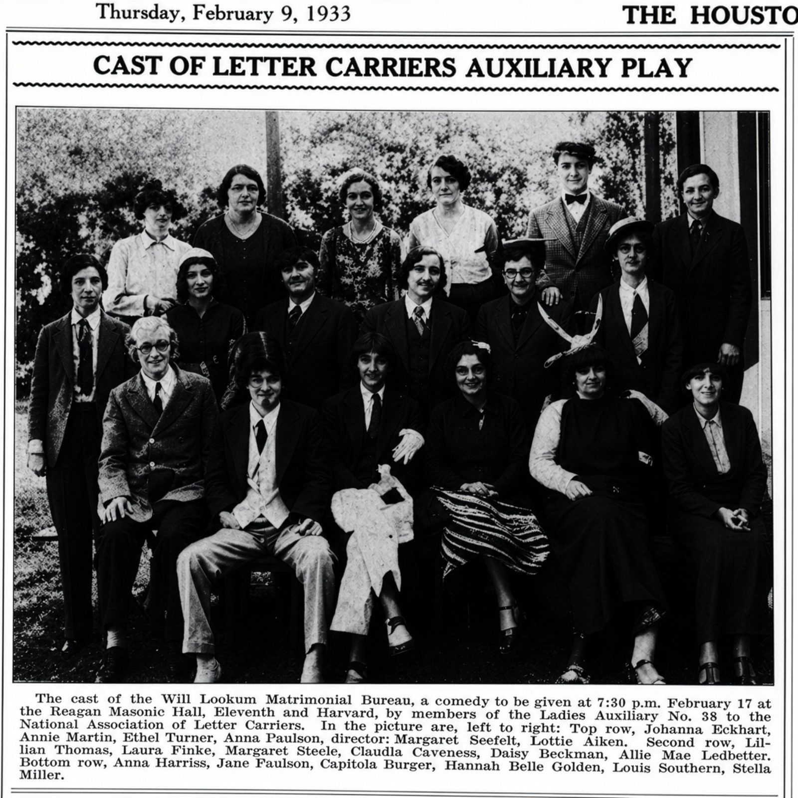 Newspaper photograph, Houston Chronicle, February 9, 1933: the cast of the Letter Carriers Auxiliary play at the Reagan Masonic Hall