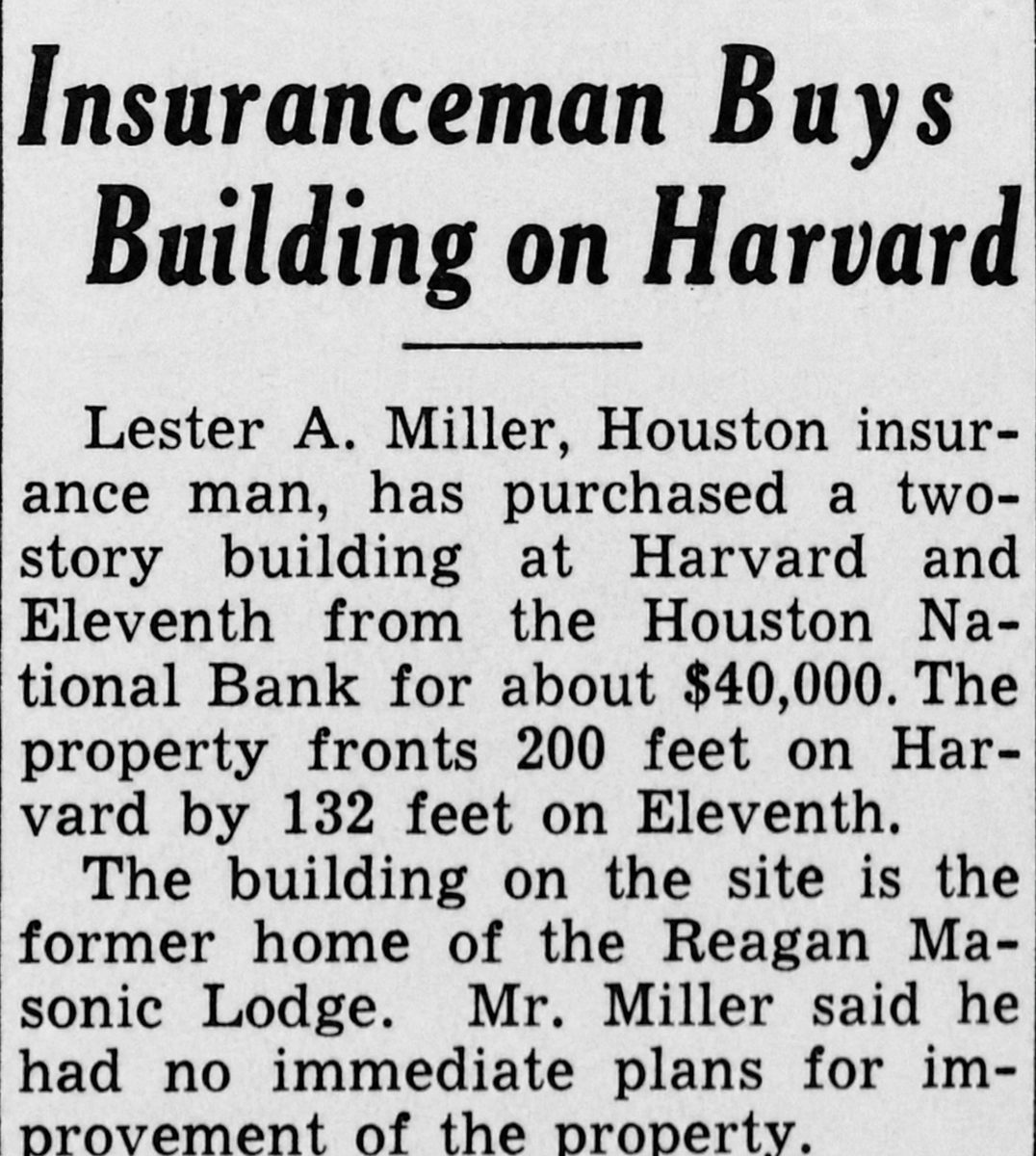 Newspaper clipping, Houston Chronicle, September 10, 1939: headline Insuranceman Buys Building on Harvard, Lester A. Miller purchases the former Reagan Masonic Lodge from Houston National Bank