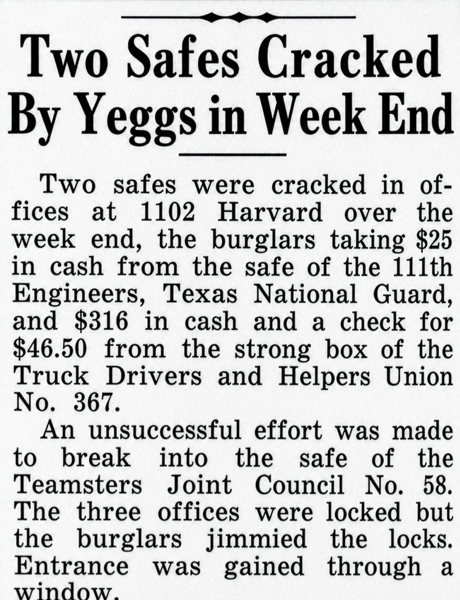 Newspaper clipping, Houston Chronicle, December 8, 1941: headline Two Safes Cracked by Yeggs in Week End, offices at 1102 Harvard