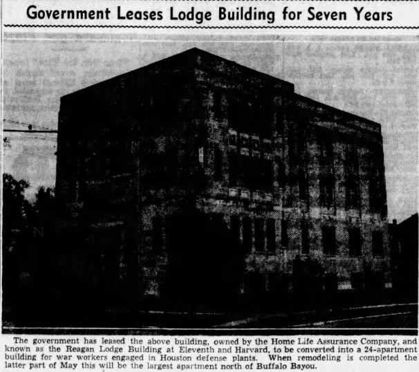Newspaper photograph, Houston Chronicle, spring 1943: the three-story brick Reagan Lodge Building at Eleventh and Harvard, under the headline Government Leases Lodge Building for Seven Years