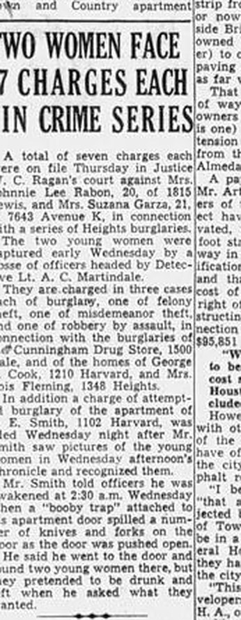 Newspaper clipping, Houston Chronicle, September 16, 1948: headline Two Women Face 7 Charges Each in Crime Series, including the booby-trapped apartment door at 1102 Harvard