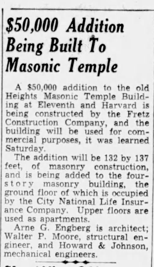 Newspaper clipping, Houston Chronicle, February 25, 1951: headline $50,000 Addition Being Built to Masonic Temple