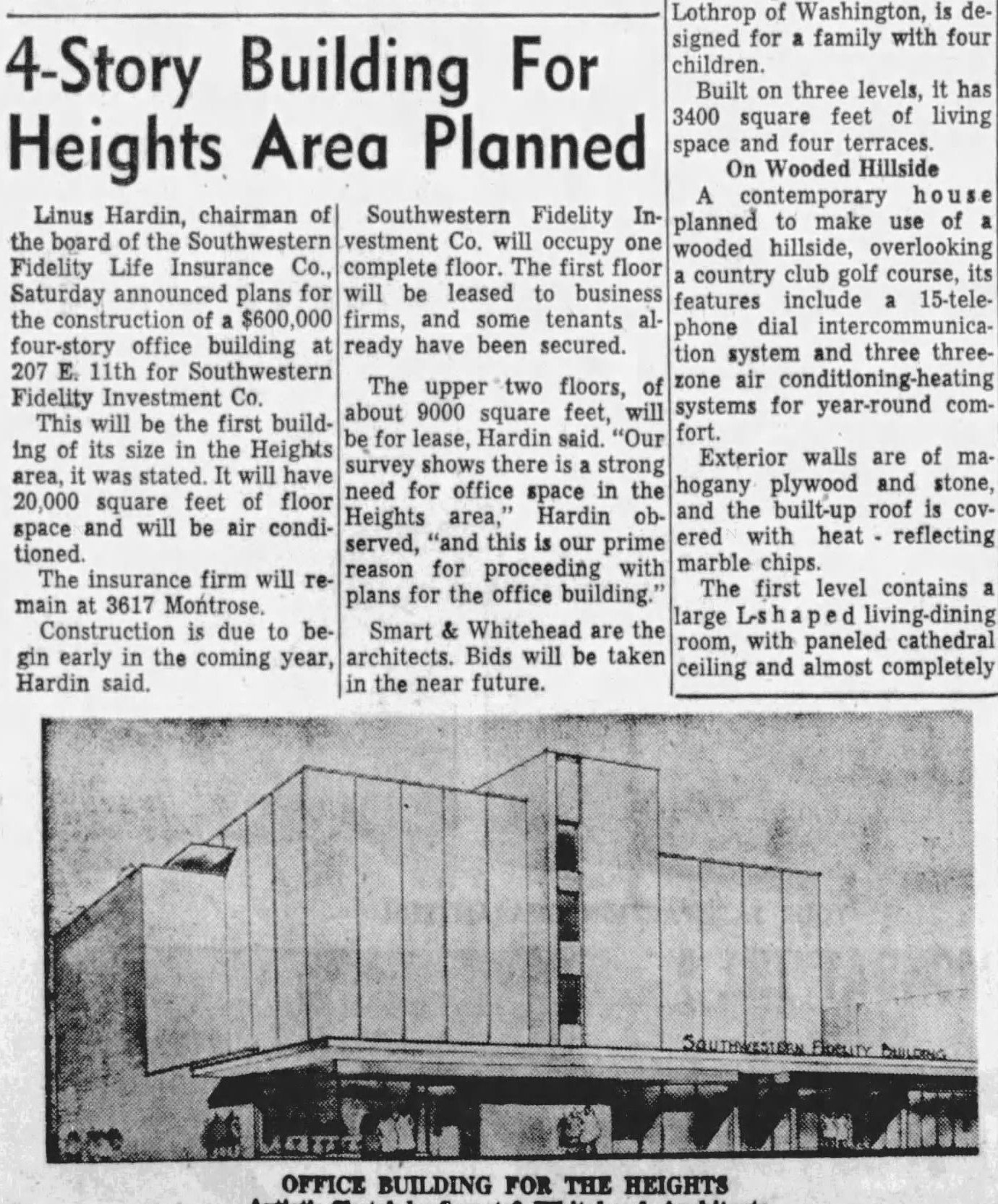 Newspaper clipping, Houston Chronicle, September 23, 1956: headline 4-Story Building for Heights Area Planned, with the architects&rsquo; sketch of the Southwestern Fidelity office building proposed for 207 E. 11th