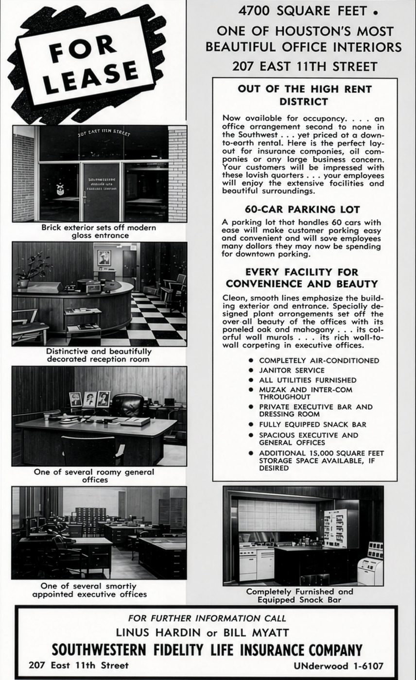 Newspaper advertisement, Houston Chronicle, January 27, 1957: For Lease, 4700 square feet, one of Houston&rsquo;s most beautiful office interiors, 207 East 11th Street, with interior photographs