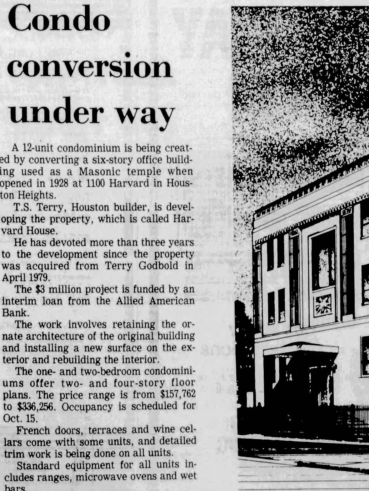 Newspaper clipping, Houston Post, August 8, 1982: headline Condo Conversion Under Way, with a drawing of the building at 1100 Harvard